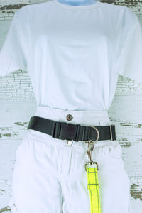Reflective adjustable hands free leash shown on neon yellow, connected to a waist leash belt.