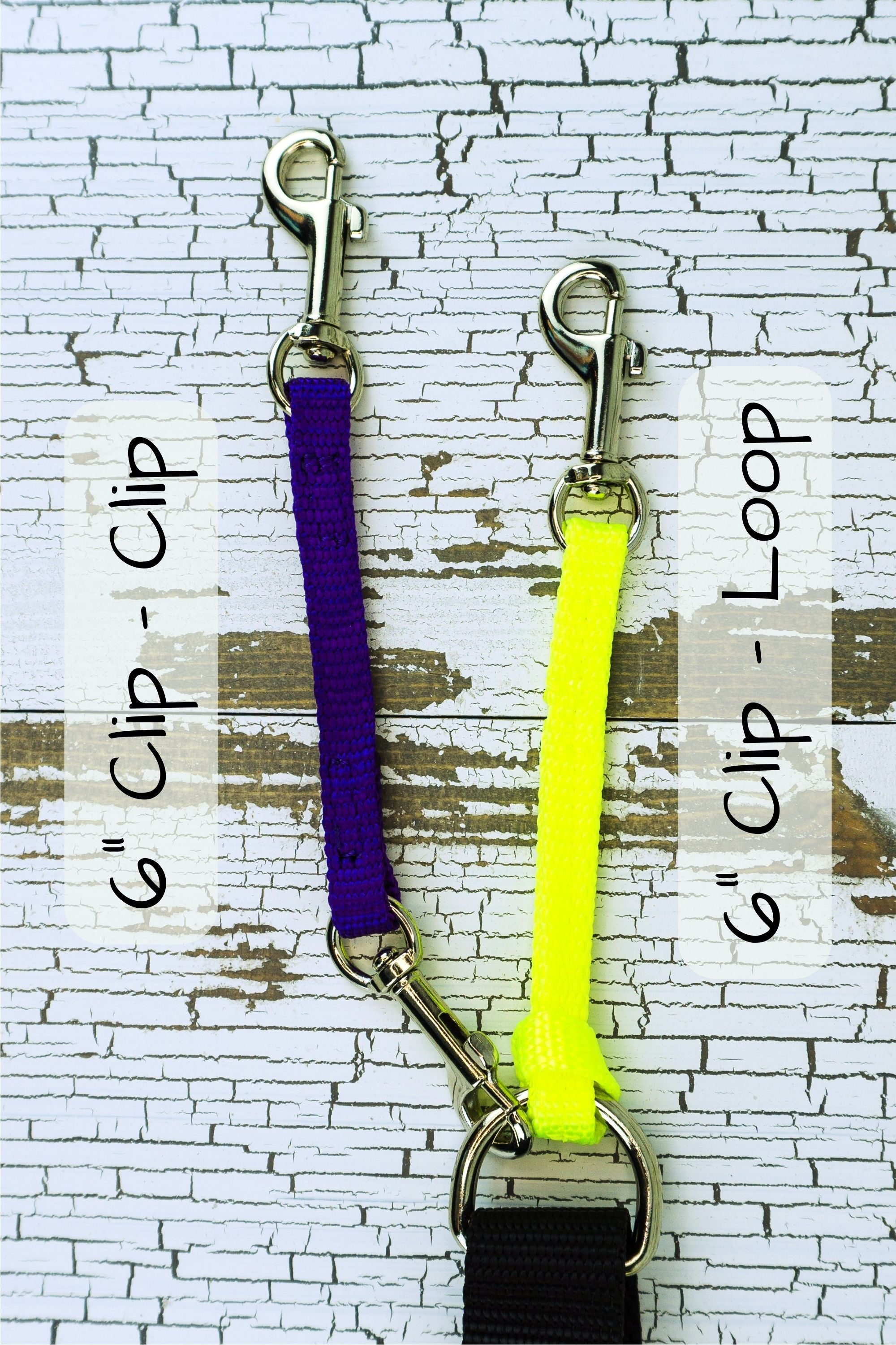 The clip clip style is shown next to the clip loop style. You will loose approximately 1 inch in length when the loop is connected to a ring on a dogs collar or harness. 