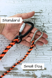 comparison between standard weight drag line hardware and small dog drag line and hardware.