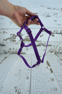 step in dog harness in purple and all metal hardware