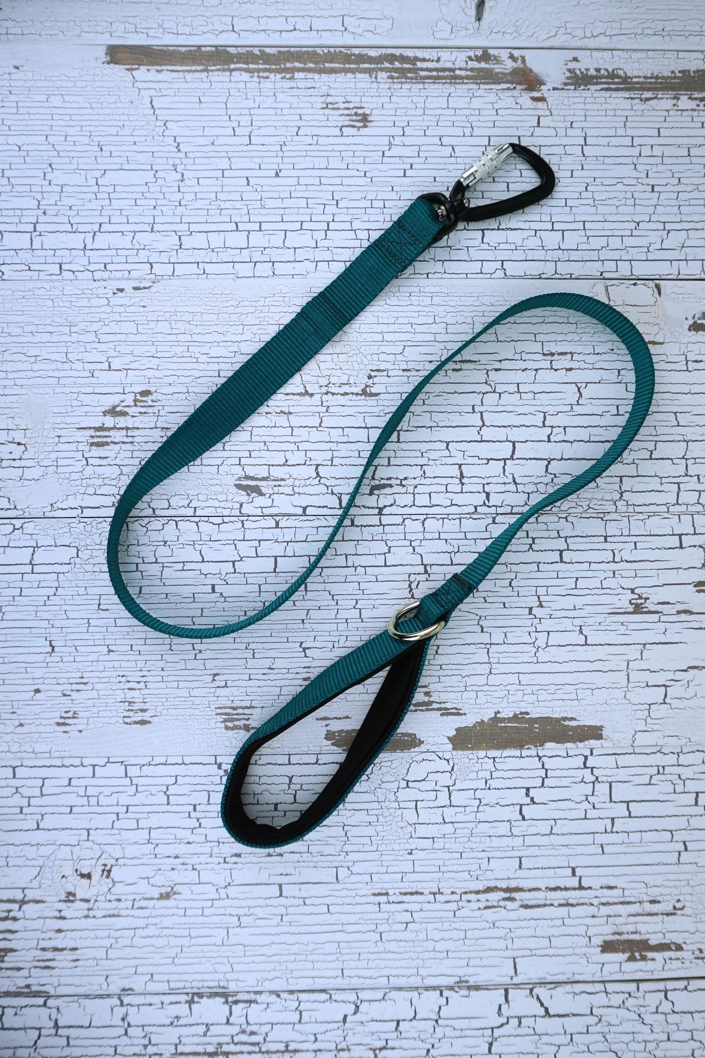 teal loop handle leash with auto locking carabiner and padded handle with d ring.