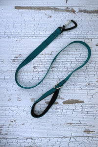 teal loop handle leash with auto locking carabiner and padded handle with d ring.