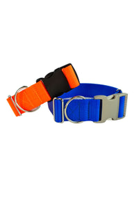 Wide dog collars shown in the standard adjustable with quick release buckles in plastic or aluminum.