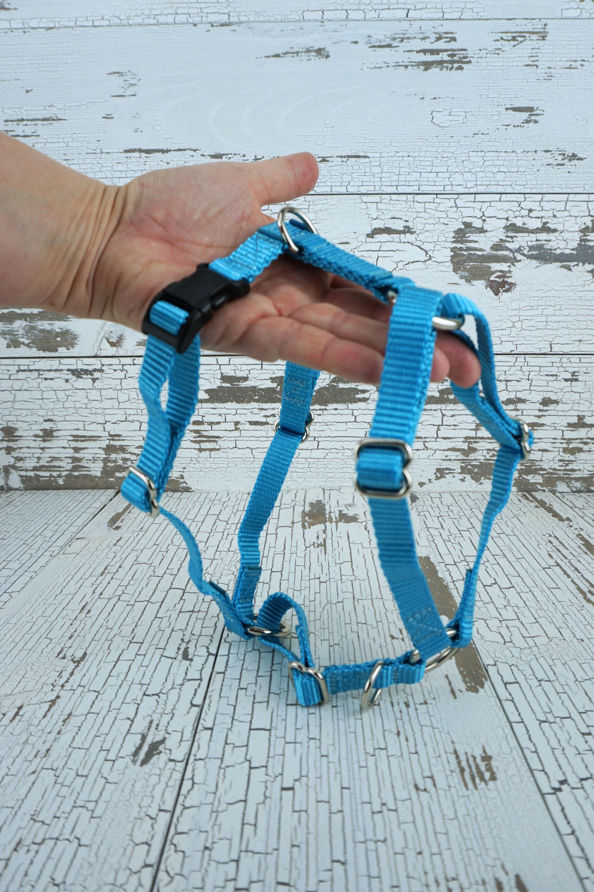 Y front dog harnesses come in five eights inch wide webbing or one inch wide webbing. Wider webbing is available through our custom y front harness order form.