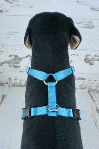 Y front dog harness offers either plastic or aluminum buckles at the girth strap, and a d ring leash connection at the top back strap.