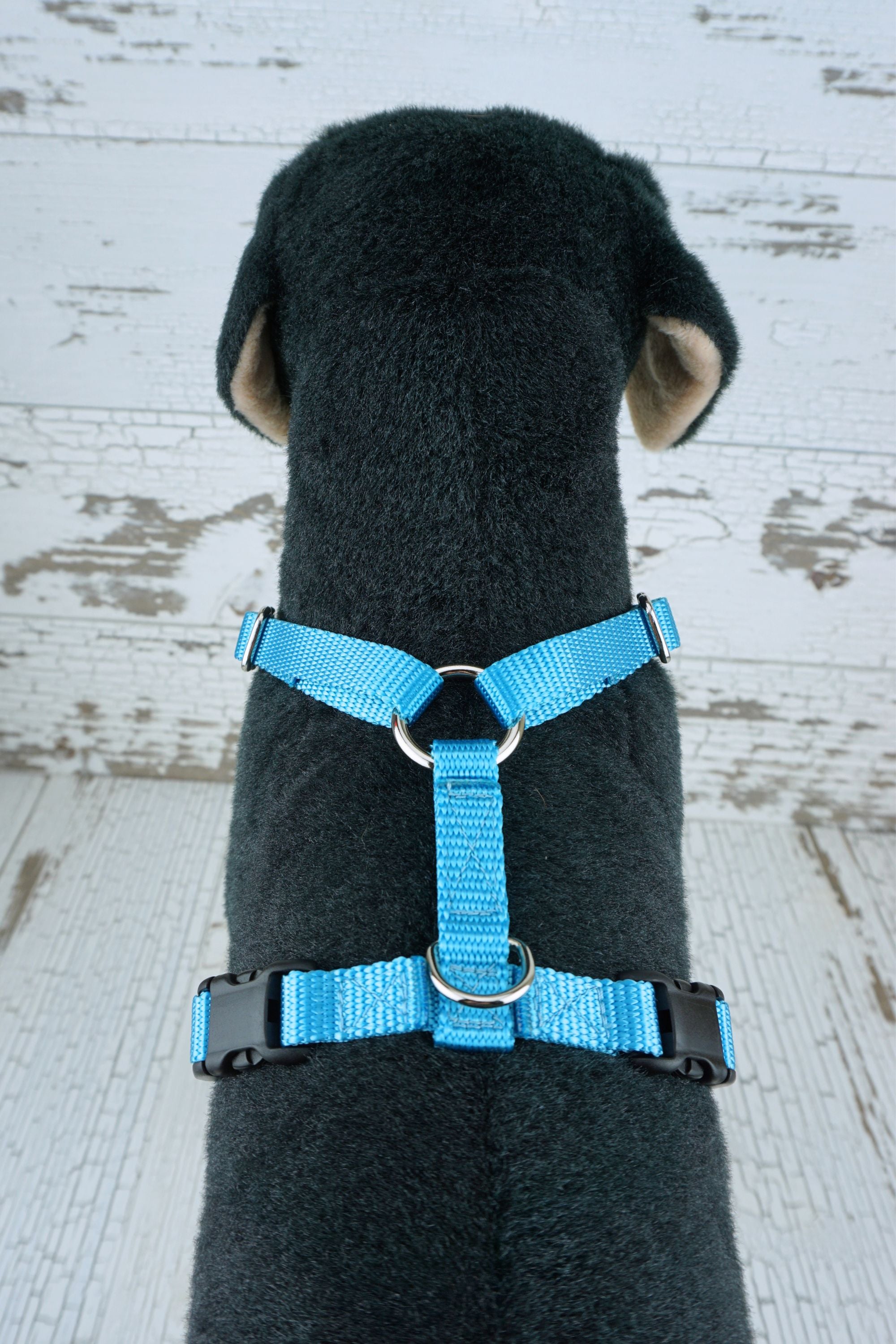 Y front dog harness offers either plastic or aluminum buckles at the girth strap, and a d ring leash connection at the top back strap.